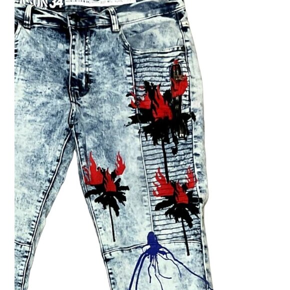 VTG Y2K REASON ACID WASH JEANS SZ 34 X 33 MOTO GRAPHIC PRINT ZIPPER POCKET MENS - Picture 2 of 8